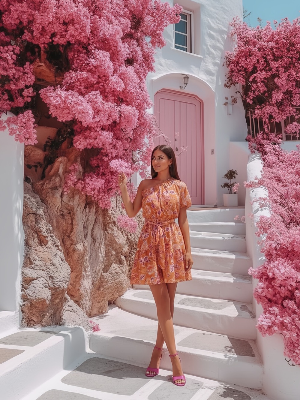 One-Shoulder Orange Floral Mini Dress - Picture 9 of 12